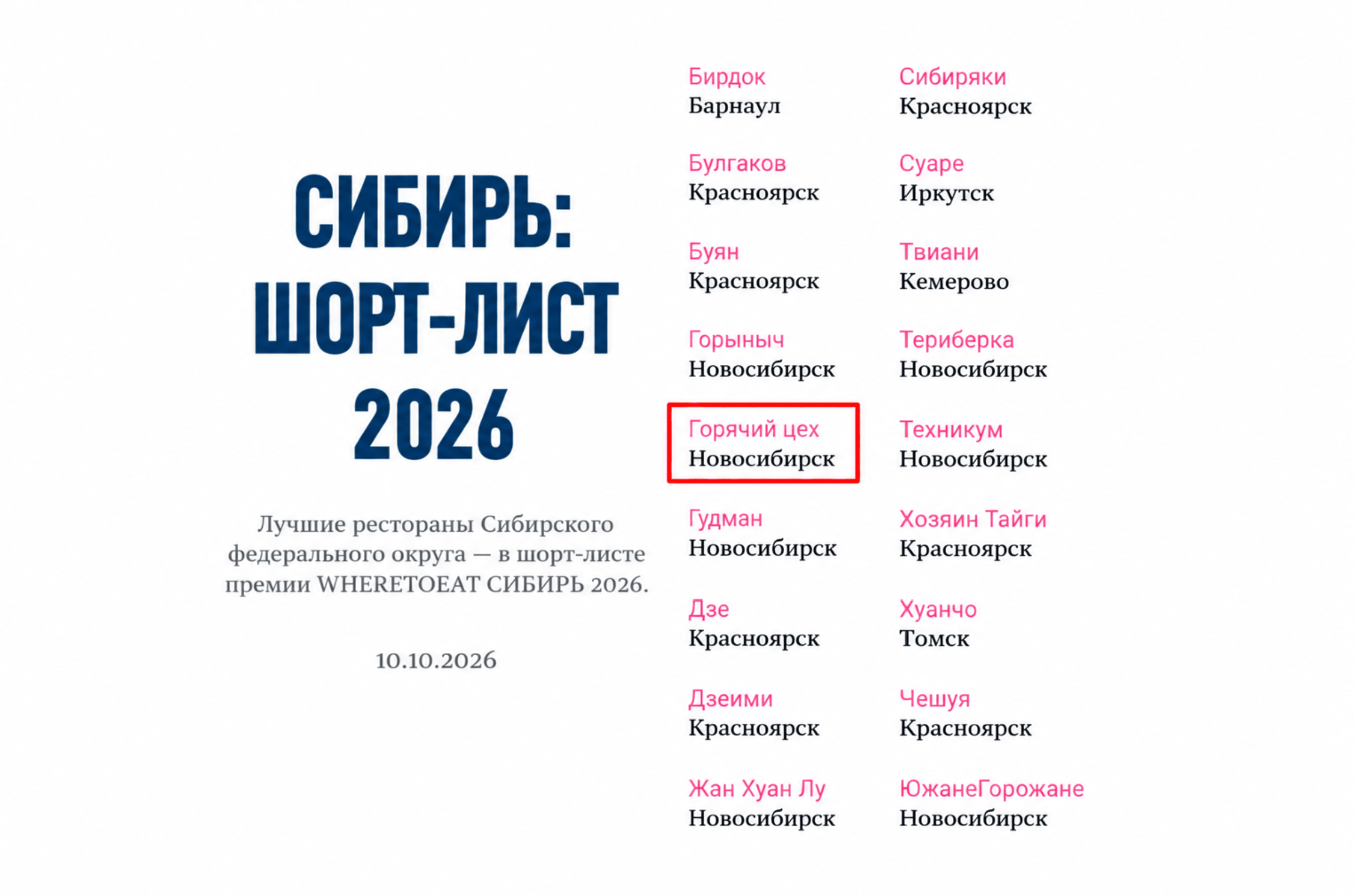 «Горячий Цех» в шорт-листе лучших ресторанов WHERETOEAT Сибирь 2026
